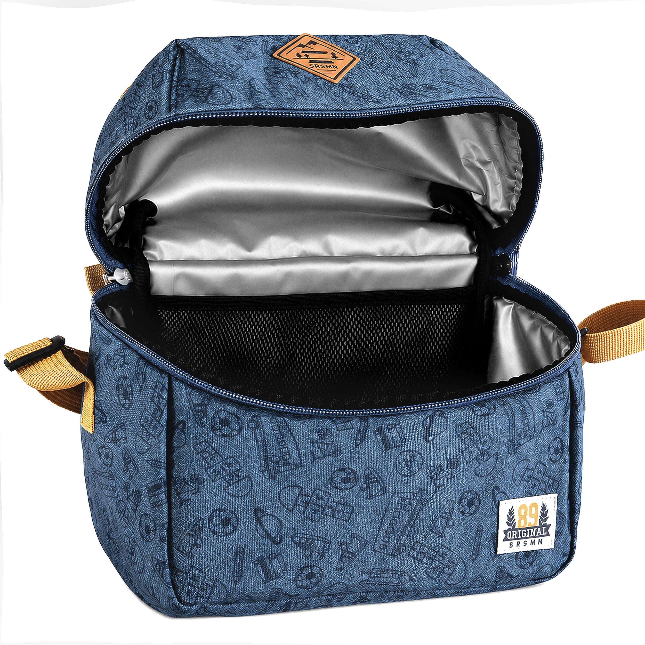 Sac isotherme enfant bleu ouvert avec doublure thermique argentée et poche intérieure en filet.