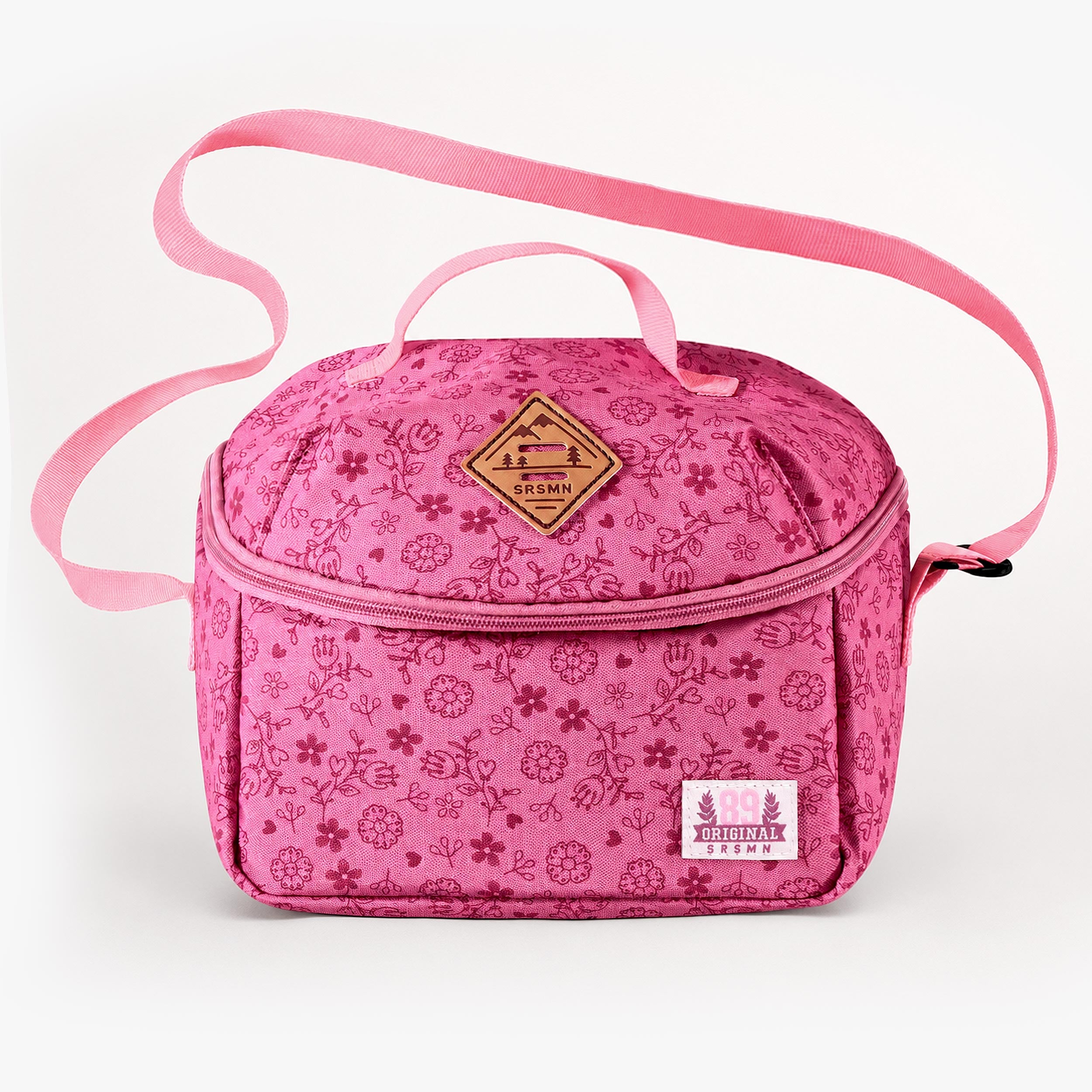 Sac isotherme enfant rose à imprimé floral avec fermeture zippée, poignées de transport et bandoulière réglable - Souris Mini