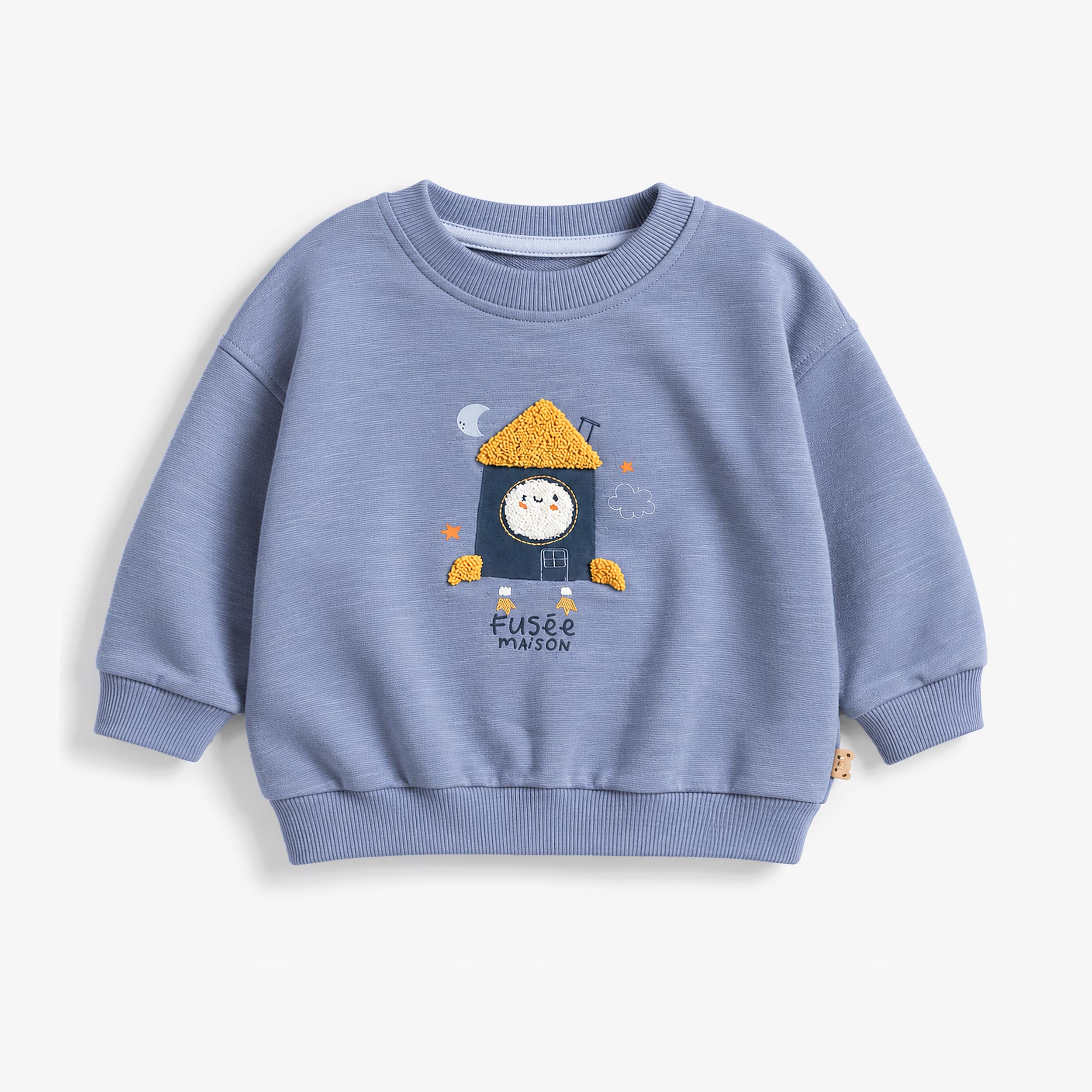 Sweat bébé bleu avec illustration fusée maison en relief au centre - Souris Mini