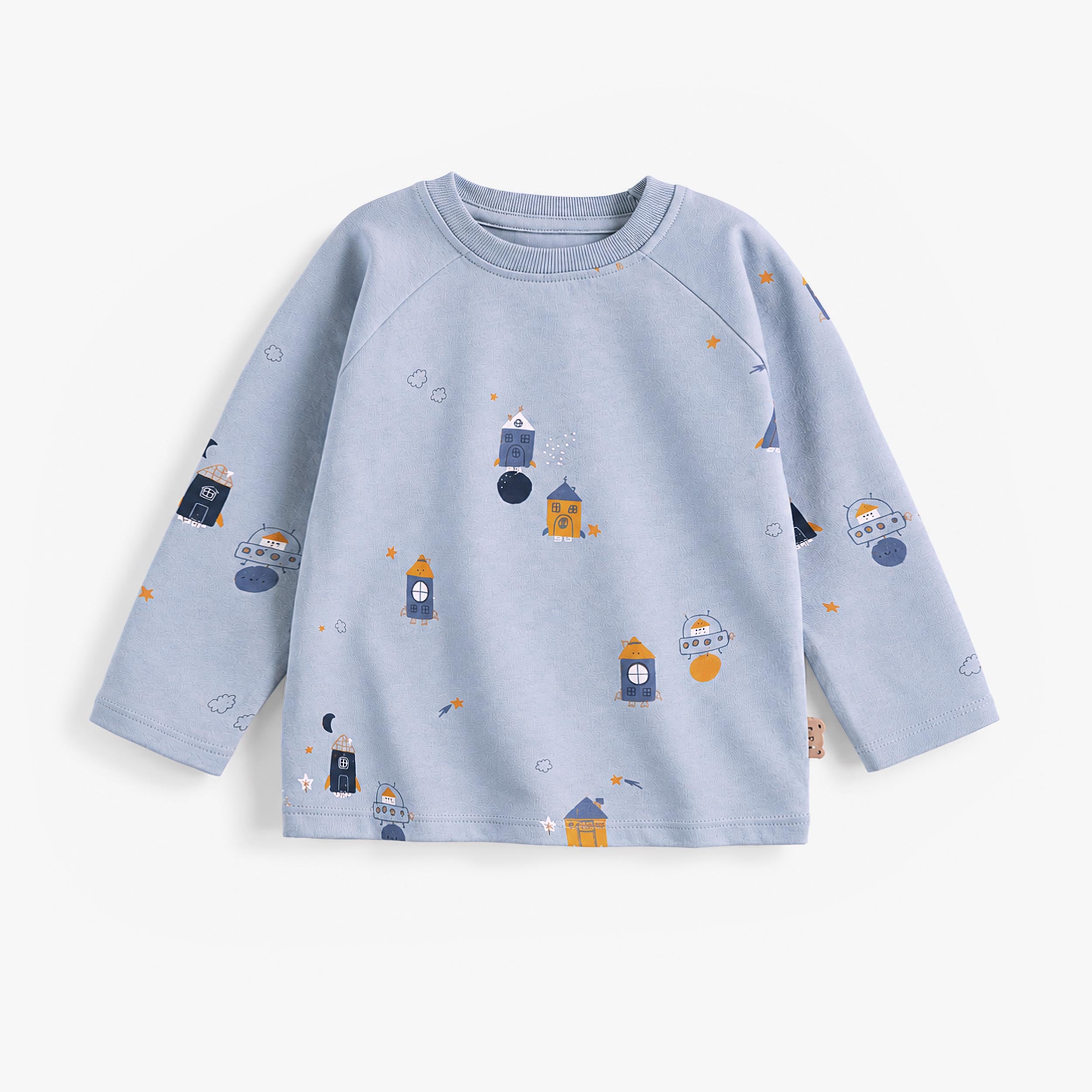 T-shirt bébé bleu clair à manches longues avec imprimé fusées et espace - Souris Mini