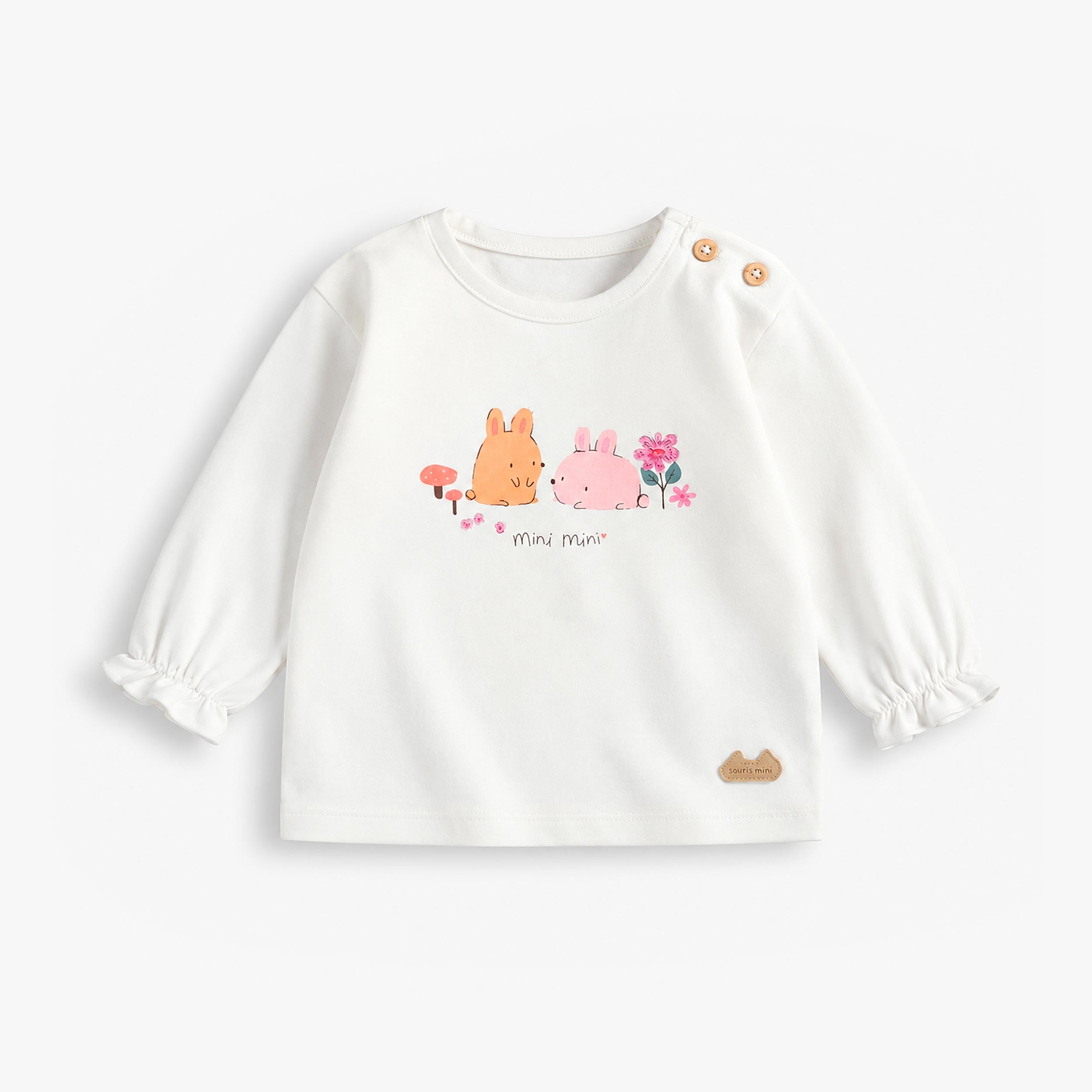 T-shirt bébé fille blanc à manches longues avec illustration de deux lapins et fleurs sur le devant. - Souris Mini