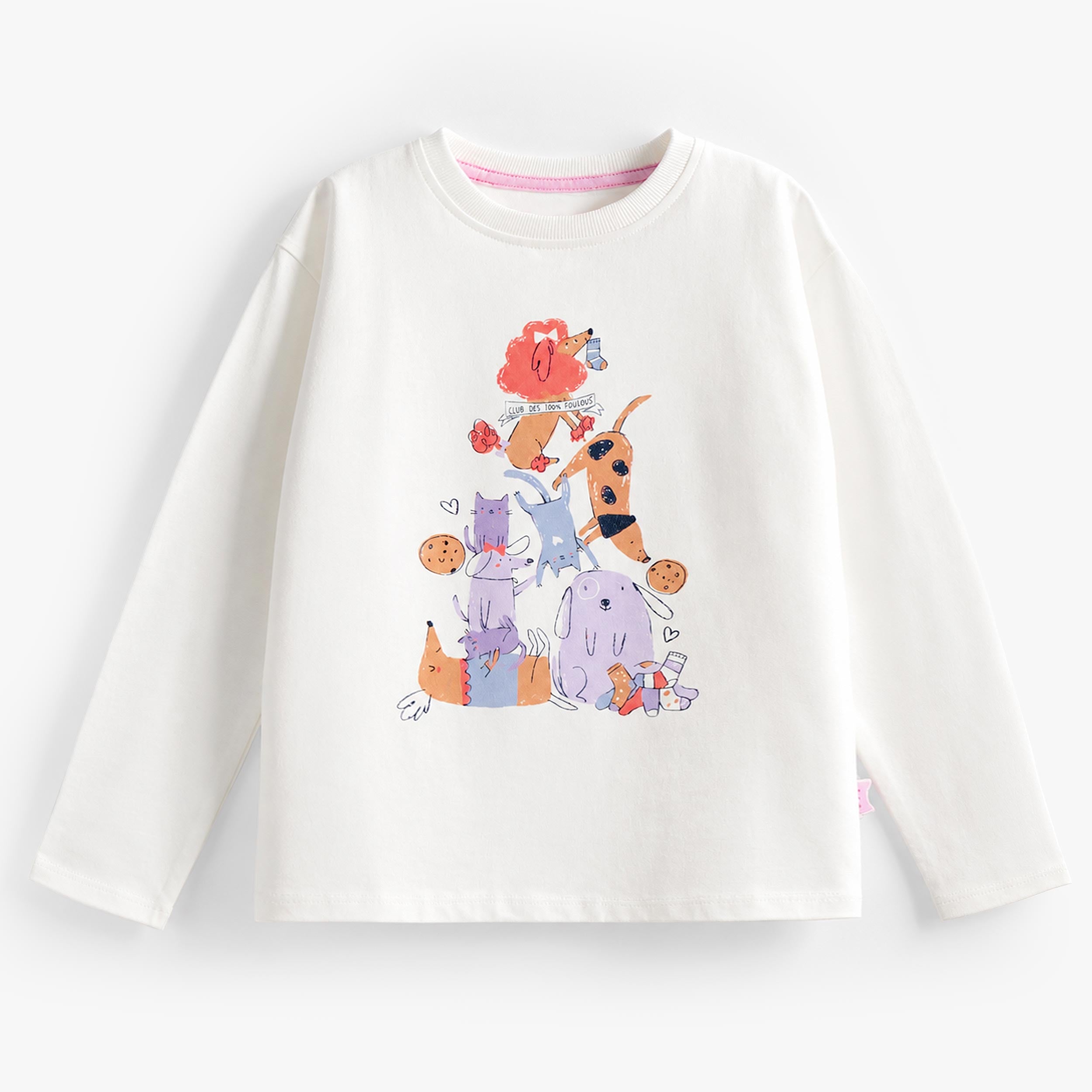 T-shirt fille blanc à manches longues avec illustration animaux kawaii colorés, haut enfant en coton style ludique et tendance