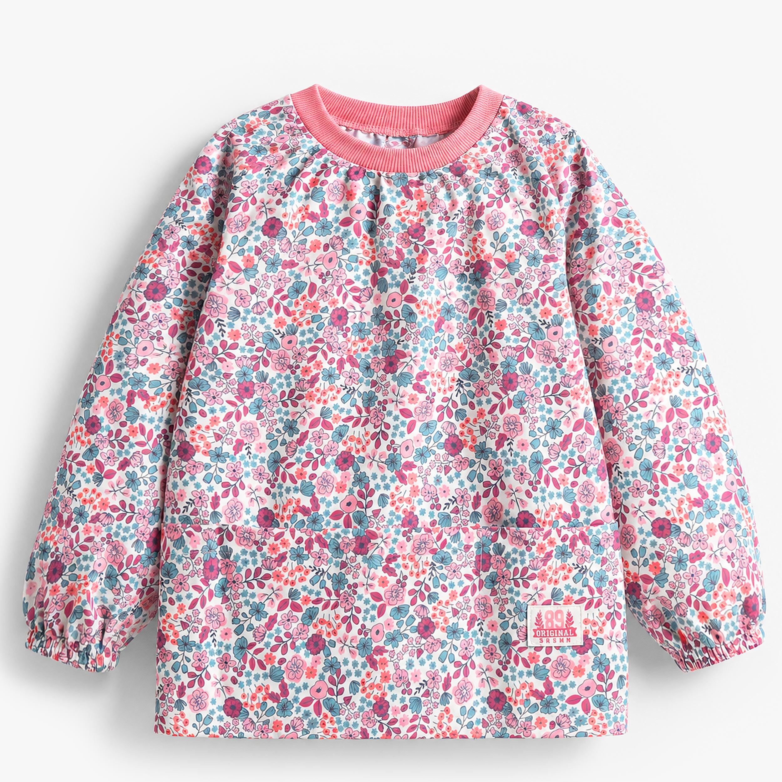 Tablier de peinture enfant à manches longues avec imprimé floral rose et bleu, présenté de face. - Souris Mini