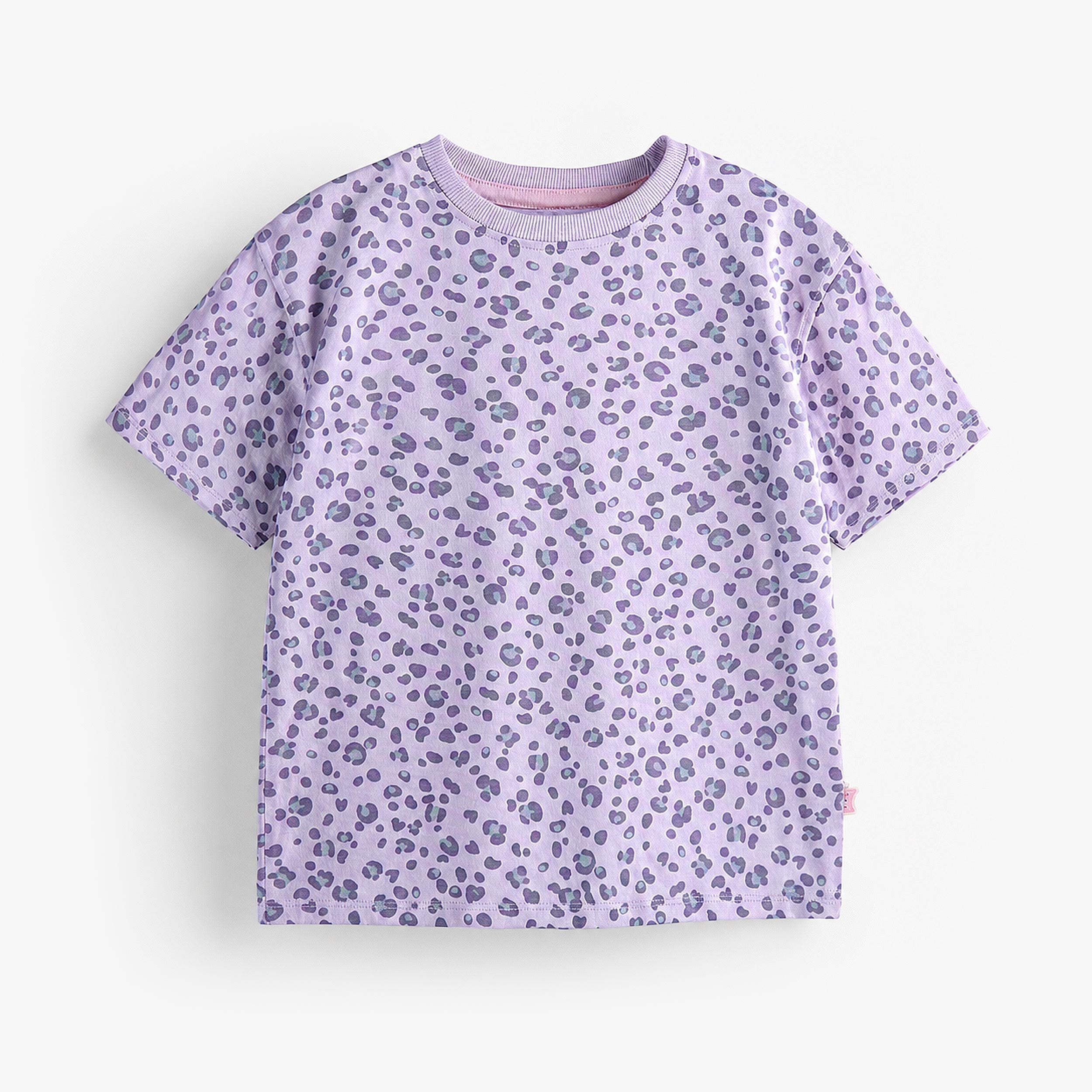 T-shirt enfant fille violet motif léopard intégral, manches courtes en coton doux et coupe confortable