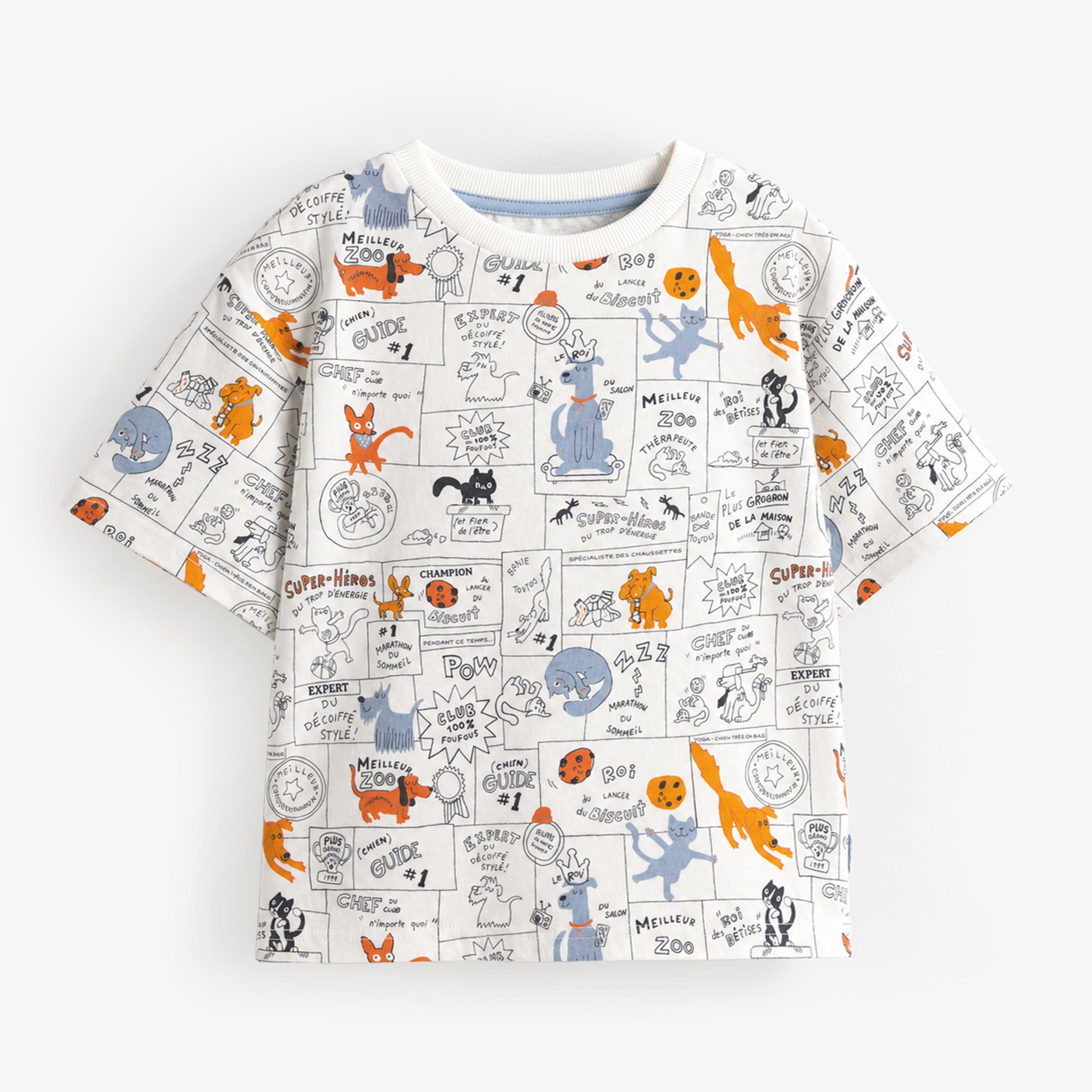 T-shirt enfant garçon blanc avec illustrations animaux amusantes et imprimé graphique style BD