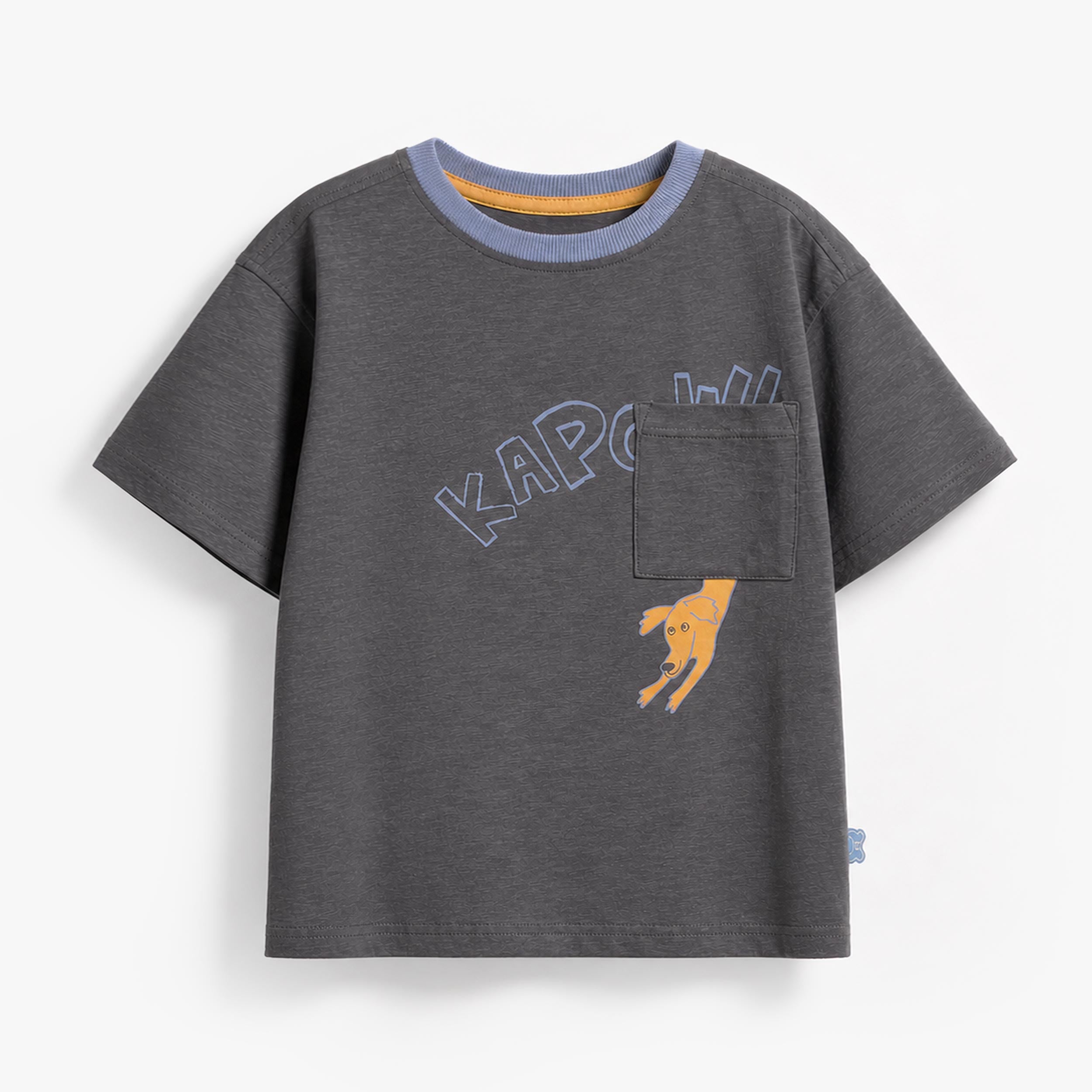 T-shirt ample garçon gris anthracite avec poche appliquée et illustration chien ludique