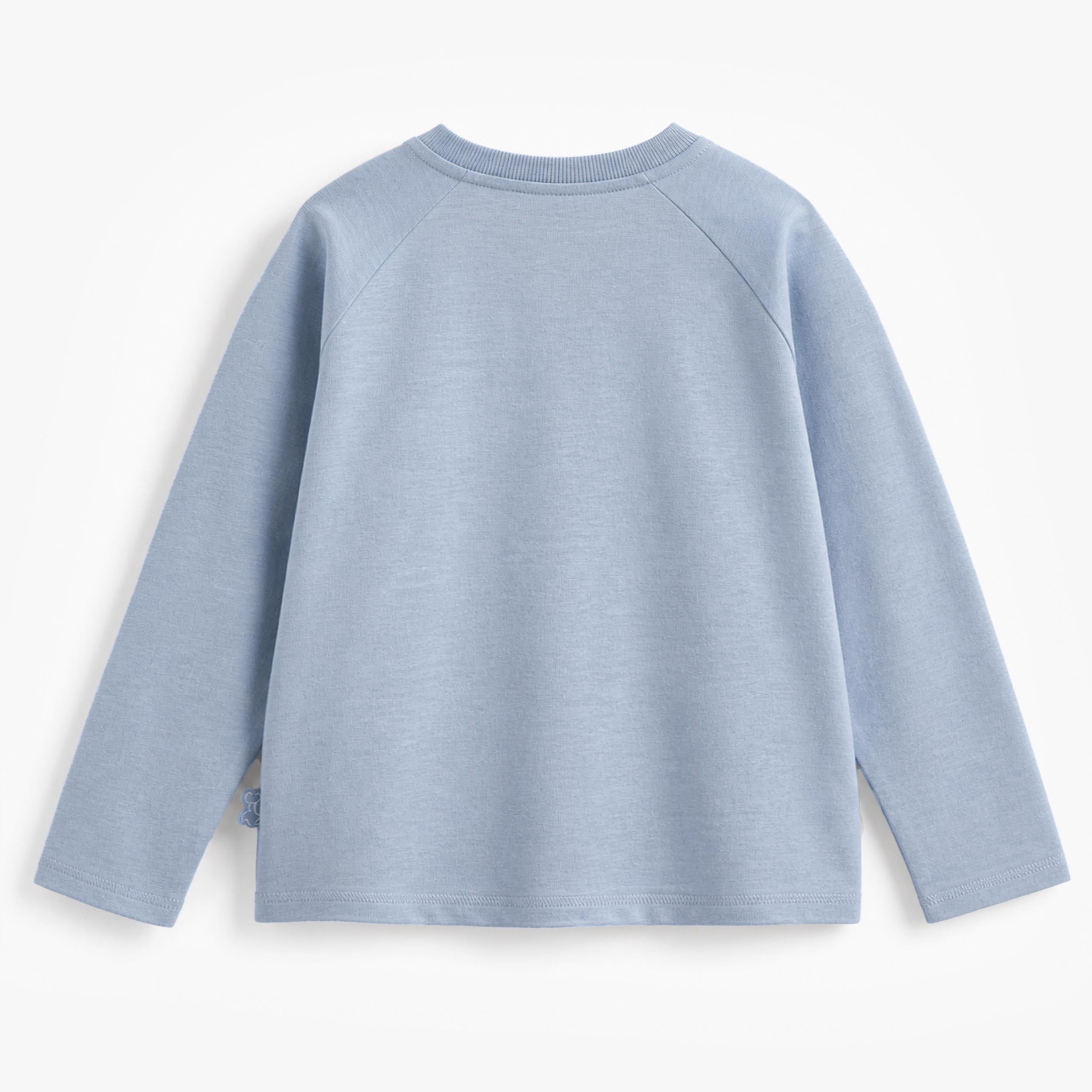 Dos d’un t-shirt bleu pâle pour garçon à manches longues avec coupe confortable et tissu doux
