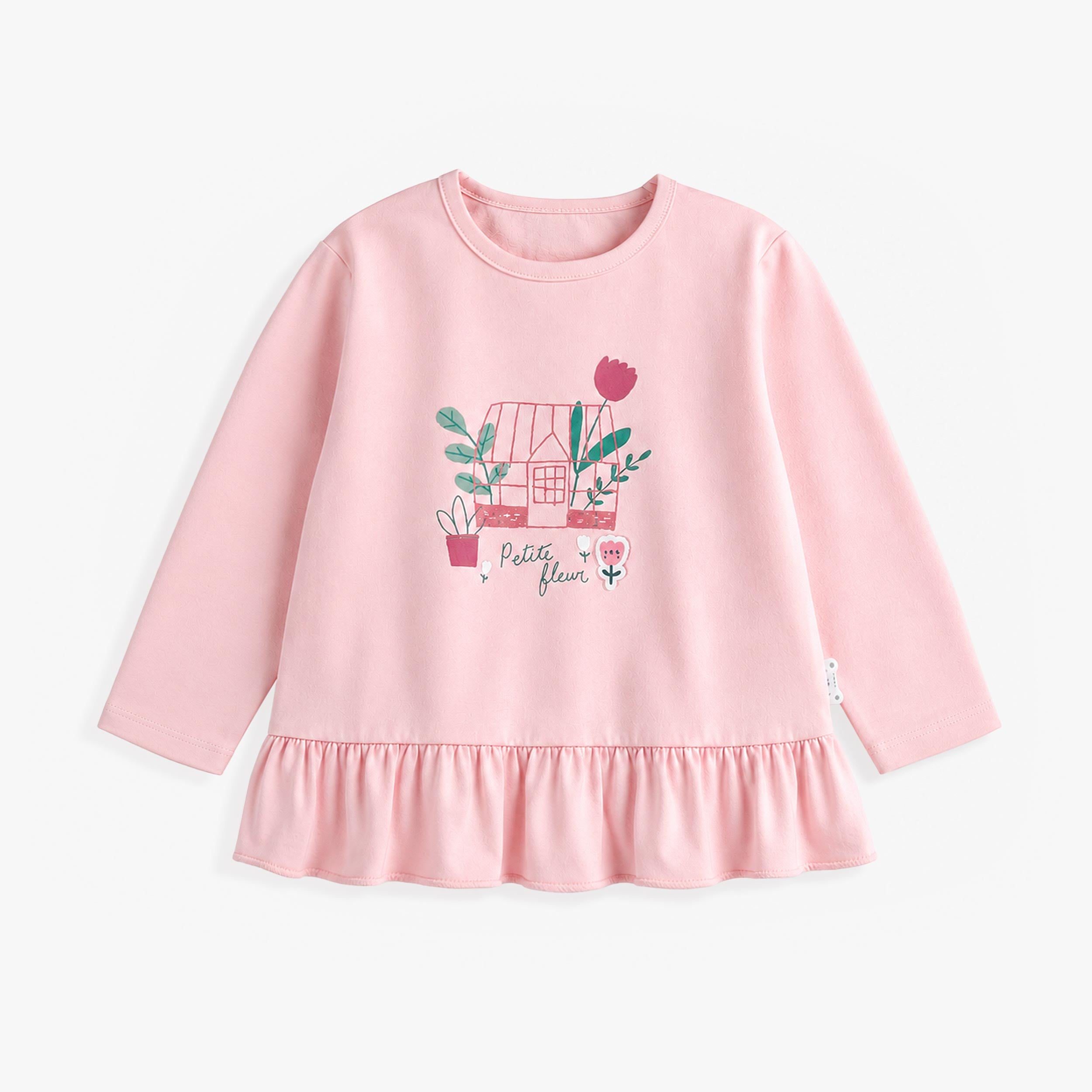Tunique rose bébé à manches longues avec volant et illustration maison fleurie - Souris Mini