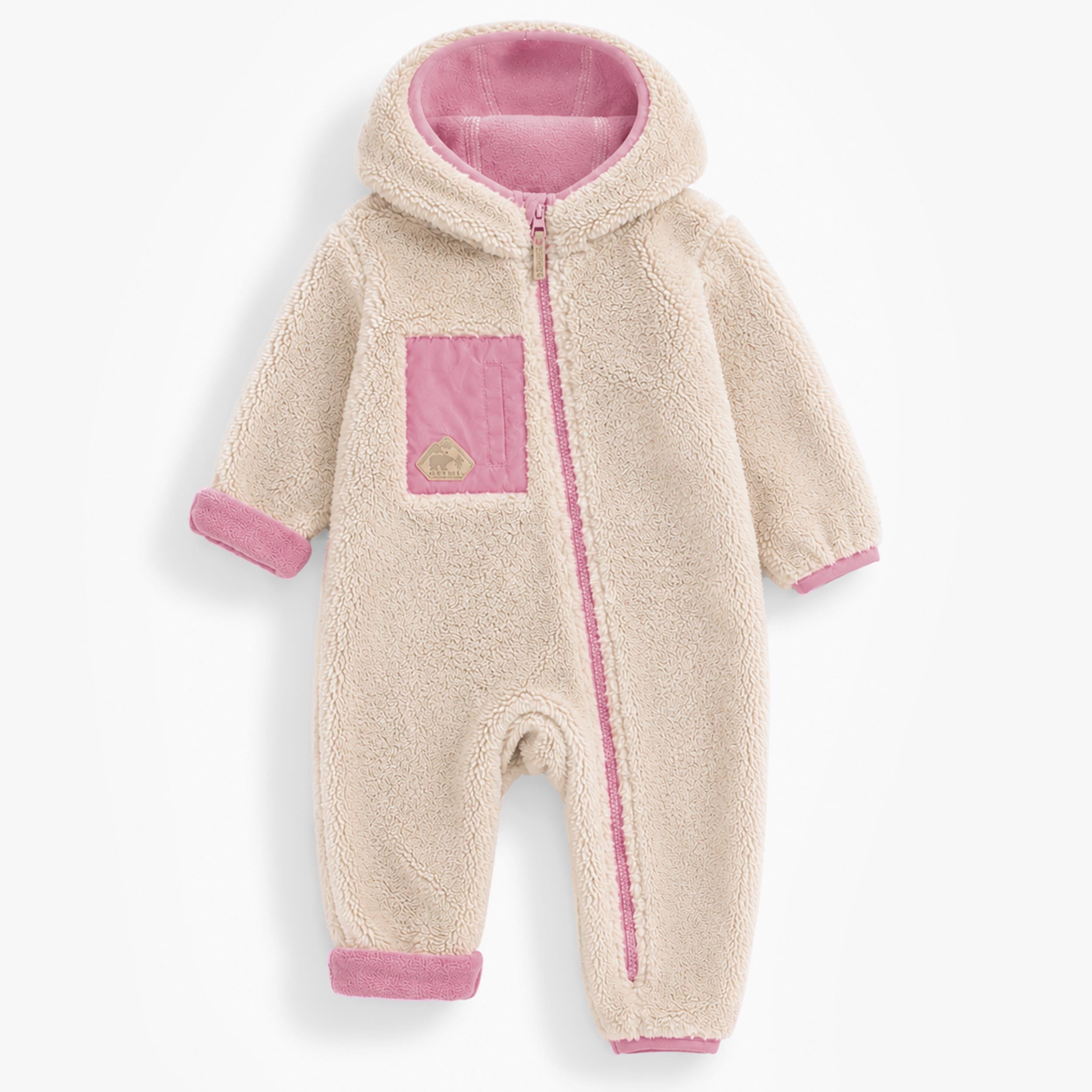 Habit une-pièce en peluche crème pour bébé avec capuchon, poche rose et fermeture éclair.