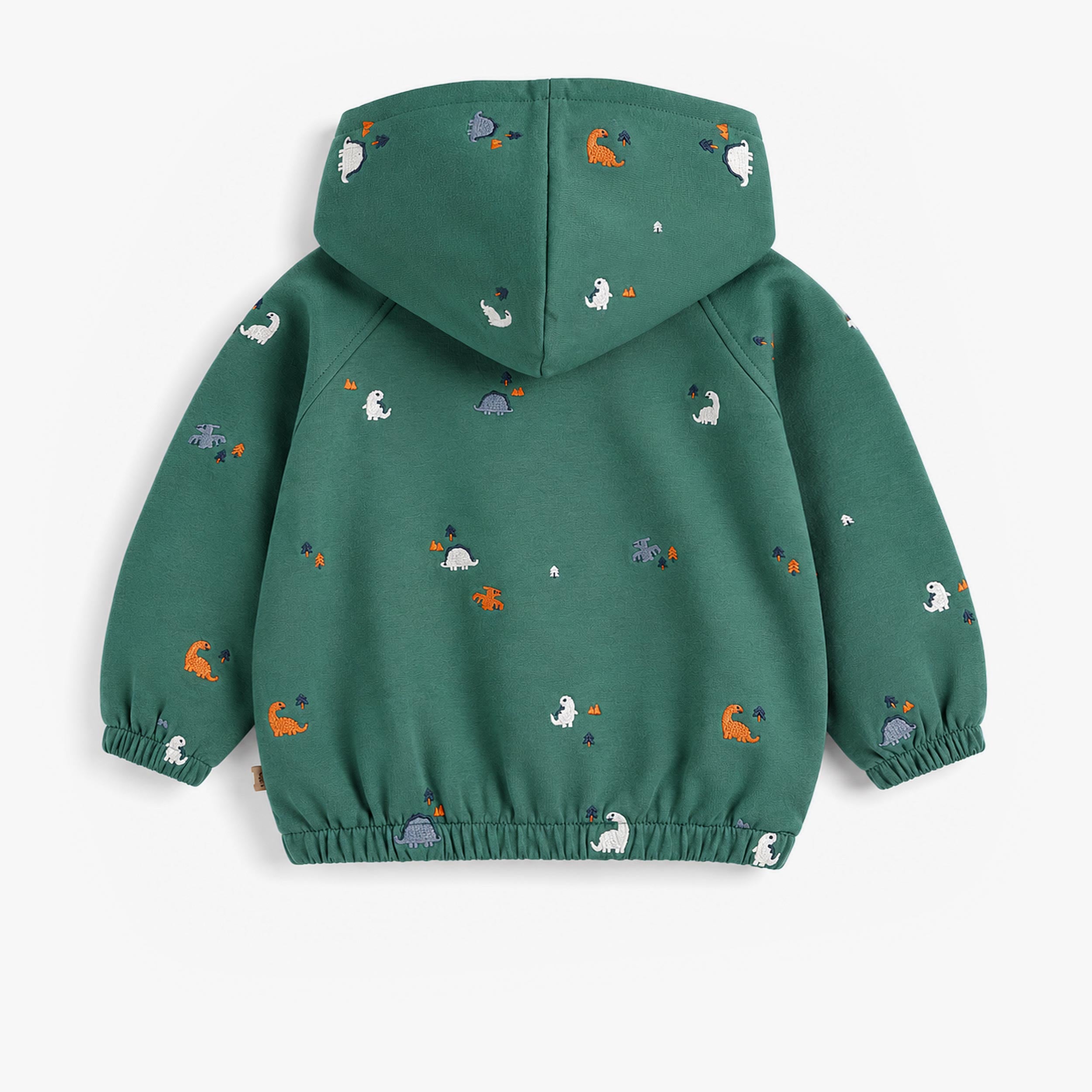 Dos de veste bébé verte à capuche avec imprimé dinosaures multicolores all-over