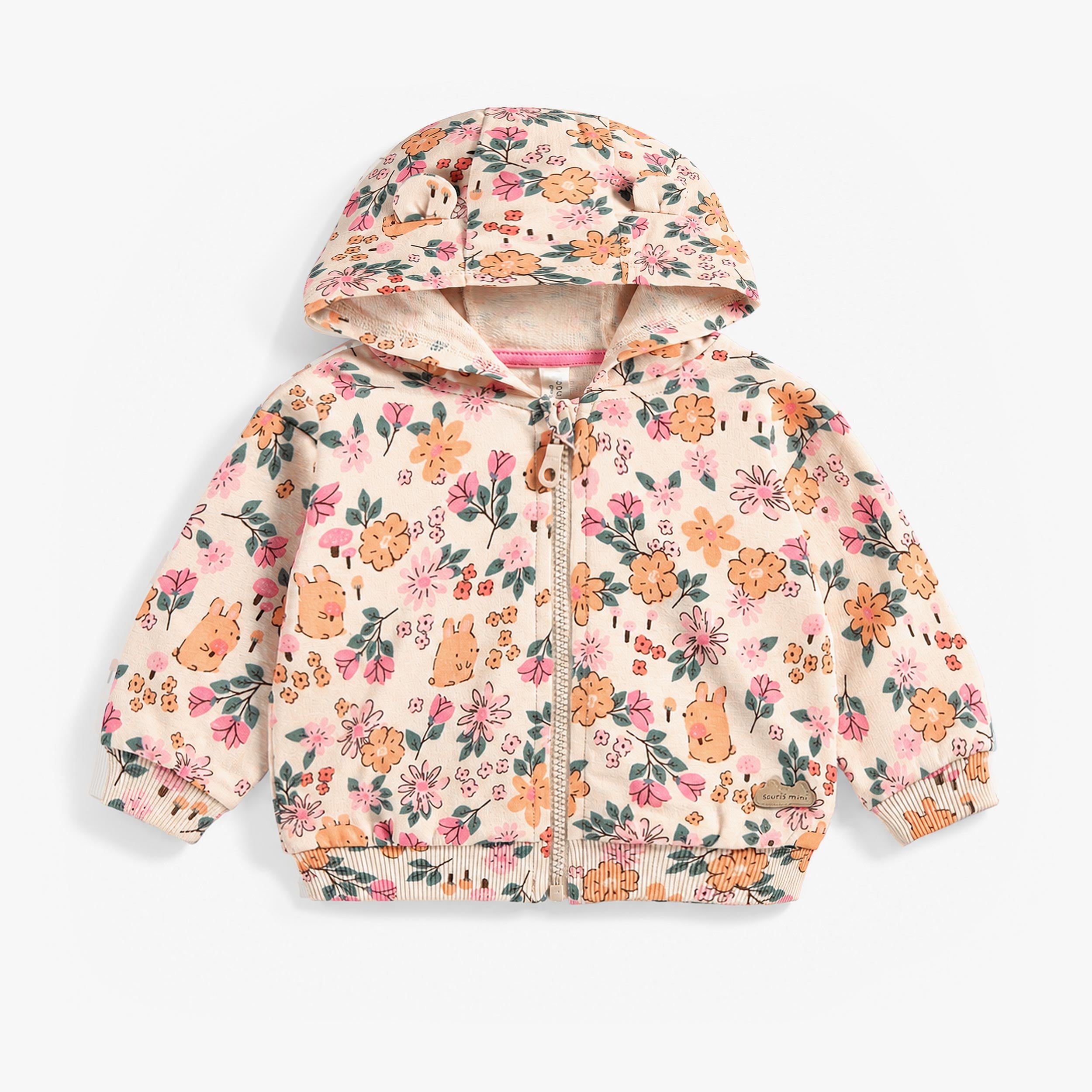 Veste à capuche bébé fille à imprimé floral et lapins, fermeture zippée sur le devant. - Souris Mini