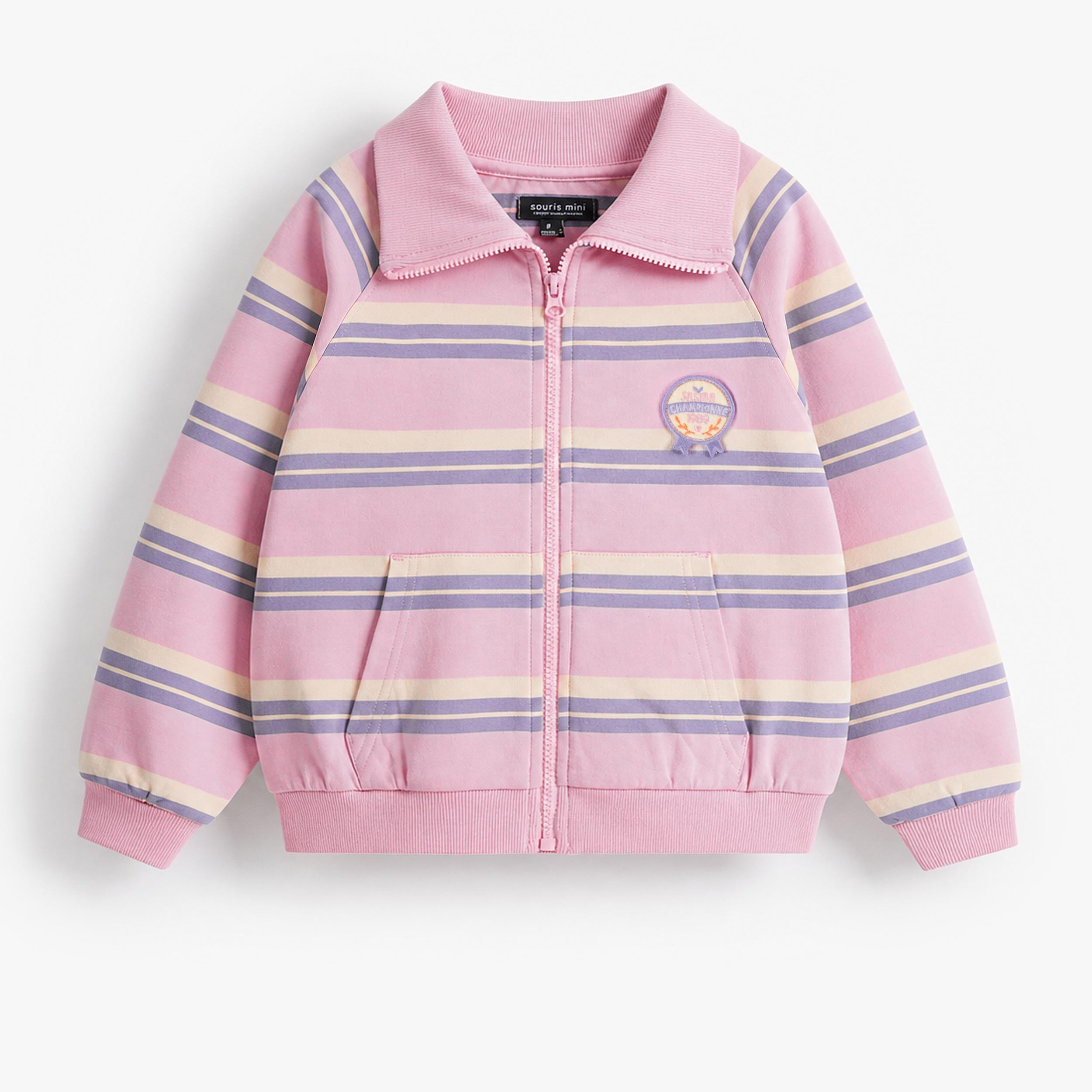 Veste enfant fille rose à rayures pastel avec zip frontal, col montant et poches pratiques