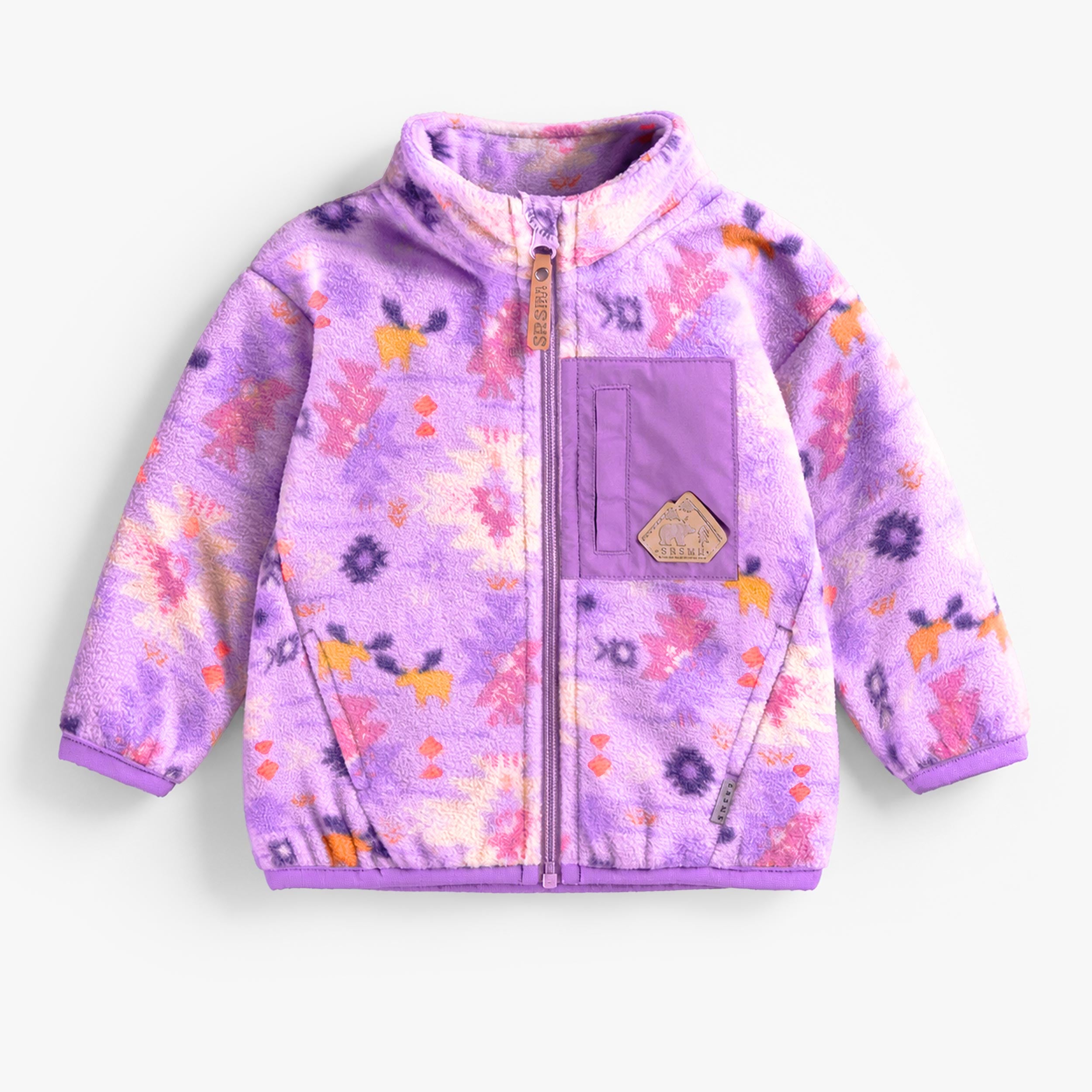Veste mauve en polar à motifs pour bébé avec fermeture éclair, col montant et poches.