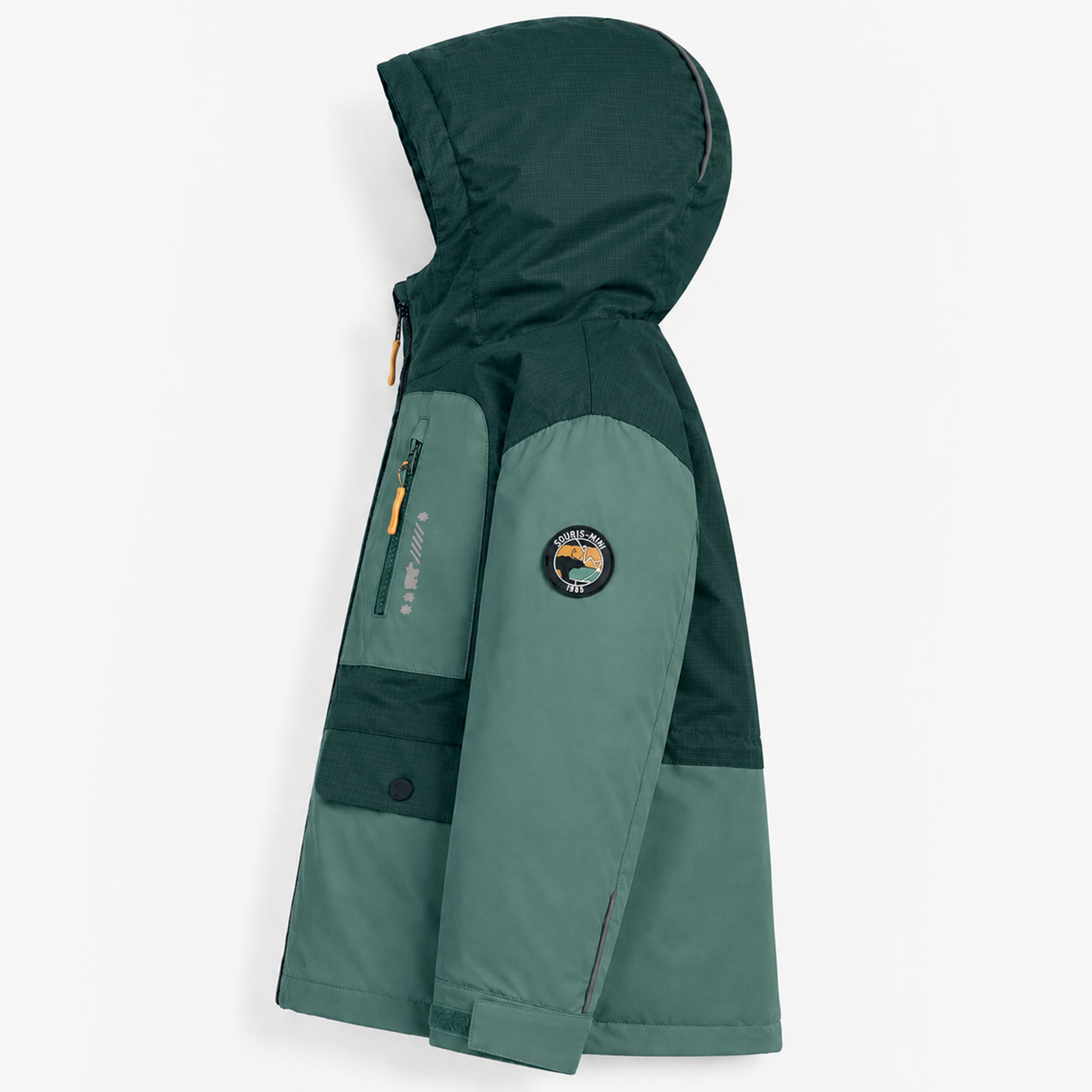 Veste de ski enfant verte avec capuche vue de profil sur fond blanc