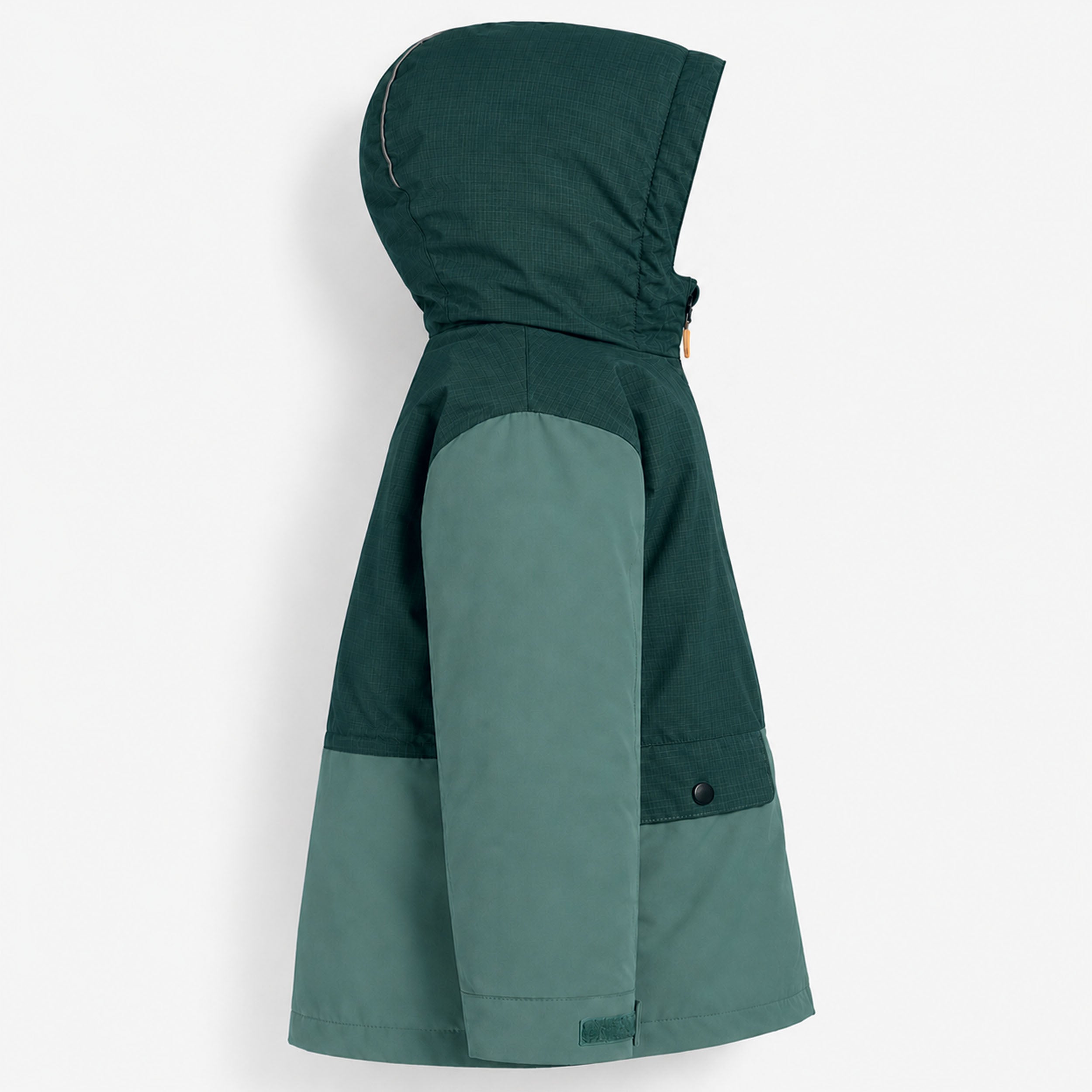 Veste de ski enfant verte avec capuche vue latérale sur fond blanc