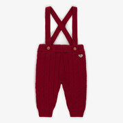 Pantalon de maille bourgogne à bretelles en polyester recyclé, bébé || Burgundy knitted pants in recycled polyester with straps, baby