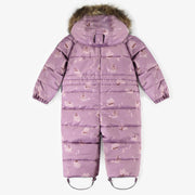 Habit de neige une-pièce mauve à motifs, bébé || Purple patterned one-piece snowsuit, baby