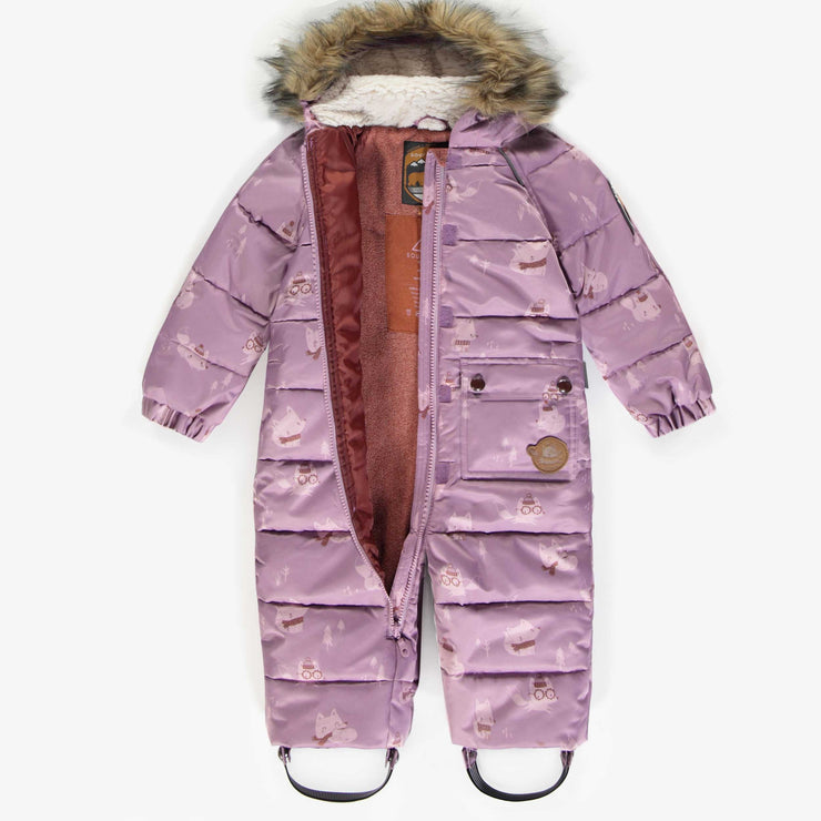 Habit de neige une-pièce mauve à motifs de chats, bébé || Purple cat patterned one-piece snowsuit, baby