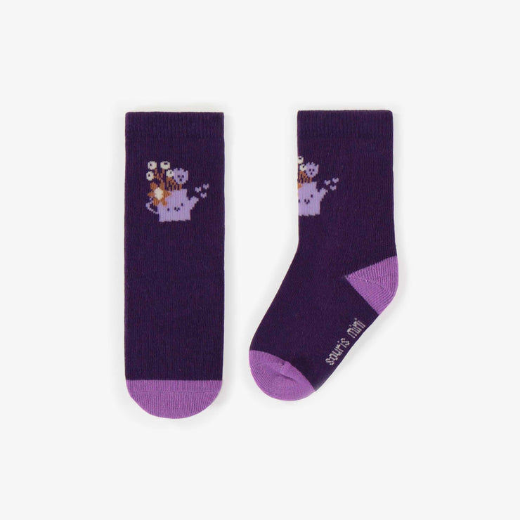 Chaussettes mauves avec pot à fleurs, bébé || Purple socks with flowerpot, baby