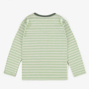 T-shirt vert ligné à motifs à col henley, enfant  || Green striped patterned t-shirt with henley collar, child