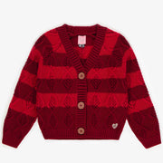 Cardigan rouge de maille en polyester recyclé, enfant || Red knitted cardigan in recycled polyester, child