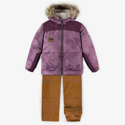 Habit de neige deux-pièces mauve à motifs avec capuchon à fourrure, enfant || Purple patterned two-pieces snowsuit with furry hood, child