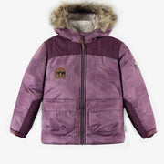 Habit de neige deux-pièces mauve à motifs avec capuchon à fourrure, enfant || Purple patterned two-pieces snowsuit with furry hood, child