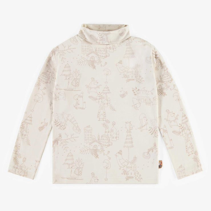 T-shirt crème à motifs à col roulé, enfant || Cream patterned turtleneck t-shirt, child