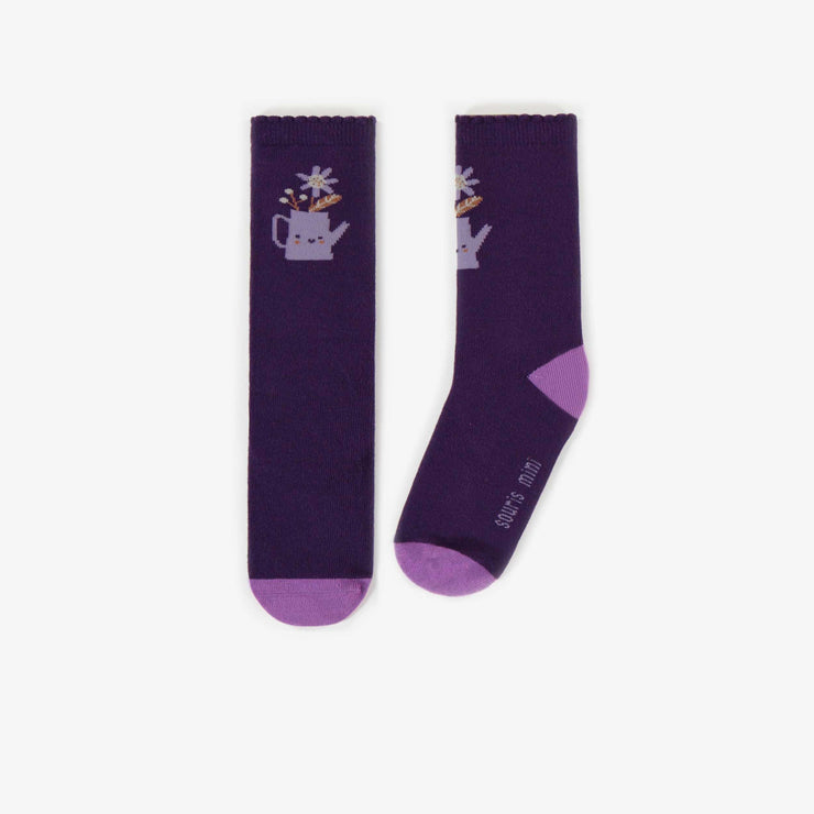 Chaussettes mauves avec pot à fleurs, enfant || Purple socks with flowerpot, child