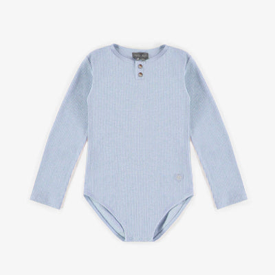 Body bleu à col henley en tricot côtelé irrégulier, enfant || Blue henley collar bodysuit in irregular ribbed knit, child