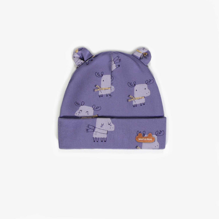 Chapeau mauve à motifs en coton biologique, naissance || Purple patterned hat in organic cotton, newborn