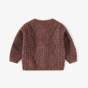 Cardigan de maille brun en polyester recyclé, naissance  || Brown knitted cardigan in recycled polyester, newborn