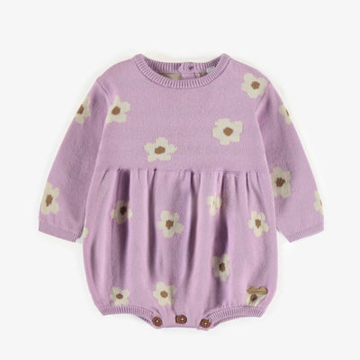 Une-pièce ample en maille mauve pâle à motif fleuri, naissance || Light purple puffy one-piece with flowers pattern in knit, newborn