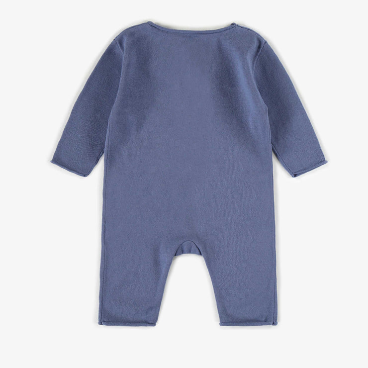Une-pièce bleu en maille extensible à manches longues, naissance || Blue long-sleeved one-piece in stretchy knitwear, newborn