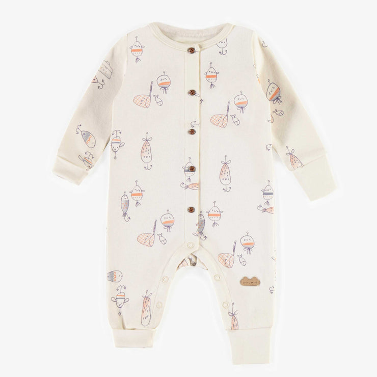 Pyjama crème à motifs d’hameçons en coton biologique extensible, naissance || Cream hook pattern pajamas in organic cotton, newborn