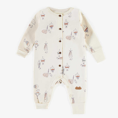 Pyjama crème à motifs d’hameçons en coton biologique extensible, naissance || Cream hook pattern pyjama in stretch organic cotton, newborn