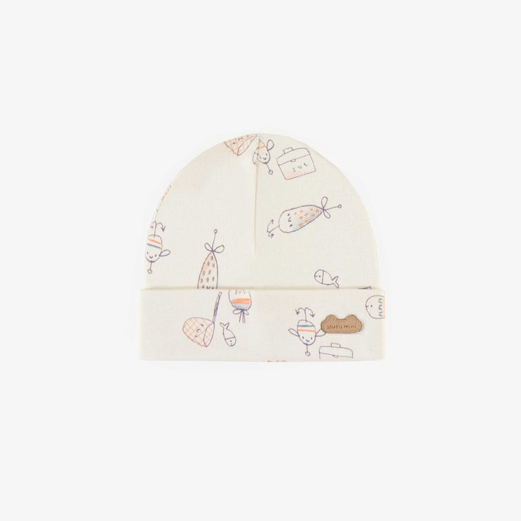 Bonnet crème à motifs d’hameçons en coton biologique extensible, naissance || Cream hook pattern hat in stretch organic cotton, newborn
