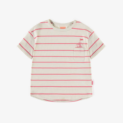 T-shirt ligné crème et rose à manches courtes en coton, bébé || Pink and cream striped short-sleeves t-shirt in cotton, baby