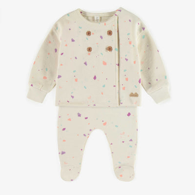 Pyjama crème avec un motif multicolore en coton français, naissance || Cream pyjama with a multicolored pattern in French terry, newborn