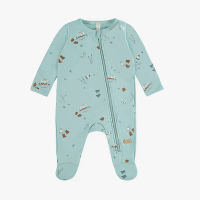Pyjama turquoise à motifs de skis en coton biologique, naissance || Turquoise pyjamas with a skiing theme in organic cotton, newborn