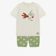 Pyjama d’oiseaux vert et crème en coton, enfant || Birds pattern pajamas green and cream in cotton, child