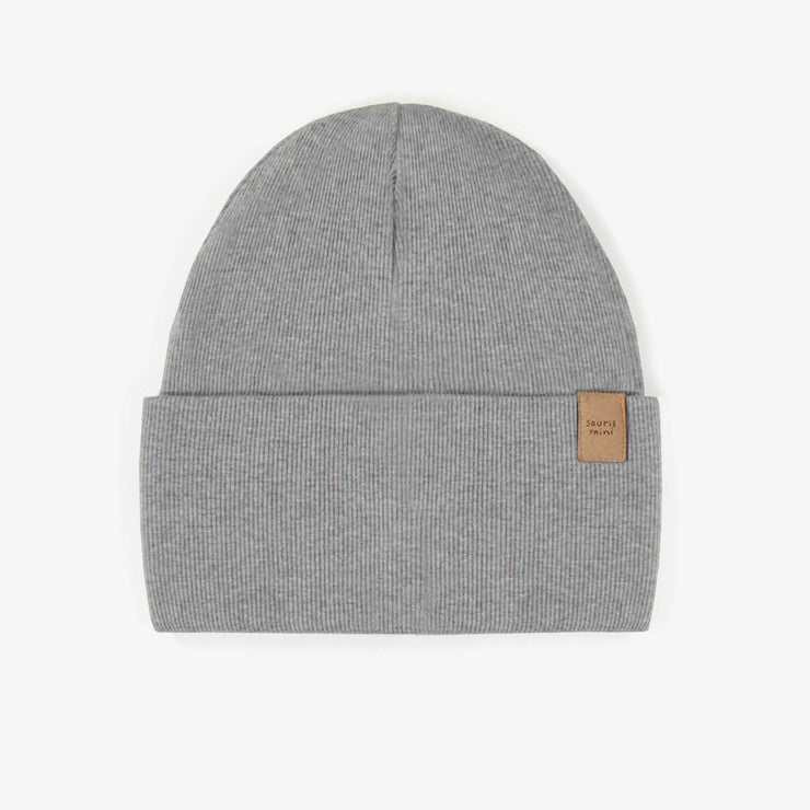 Chapeau gris d’extérieur en tricot côtelé, enfant || Grey outdoor hat in ribbed knit, child