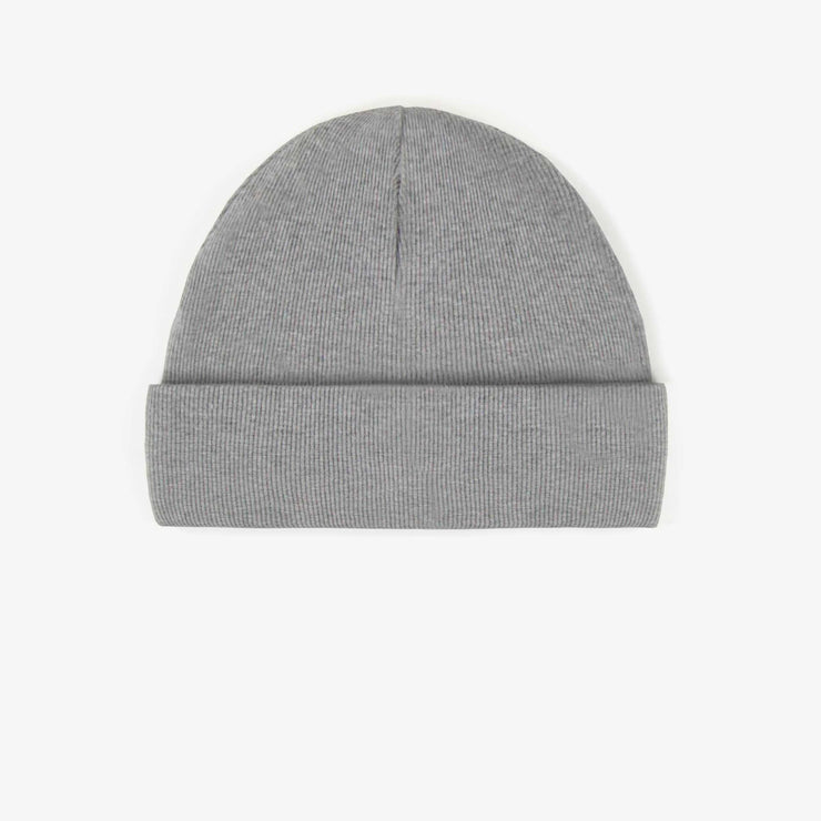 Chapeau gris d’extérieur en tricot côtelé, enfant || Grey outdoor hat in ribbed knit, child