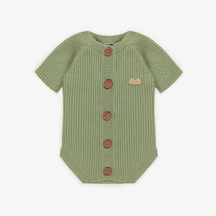 Cache-couche de maille vert à manches courtes, naissance || Green short sleeved bodysuit in knitwear, newborn