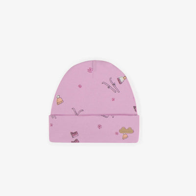 Bonnet mauve à motifs de skis en coton biologique, naissance || Purple hat with a skiing theme in organic cotton, newborn
