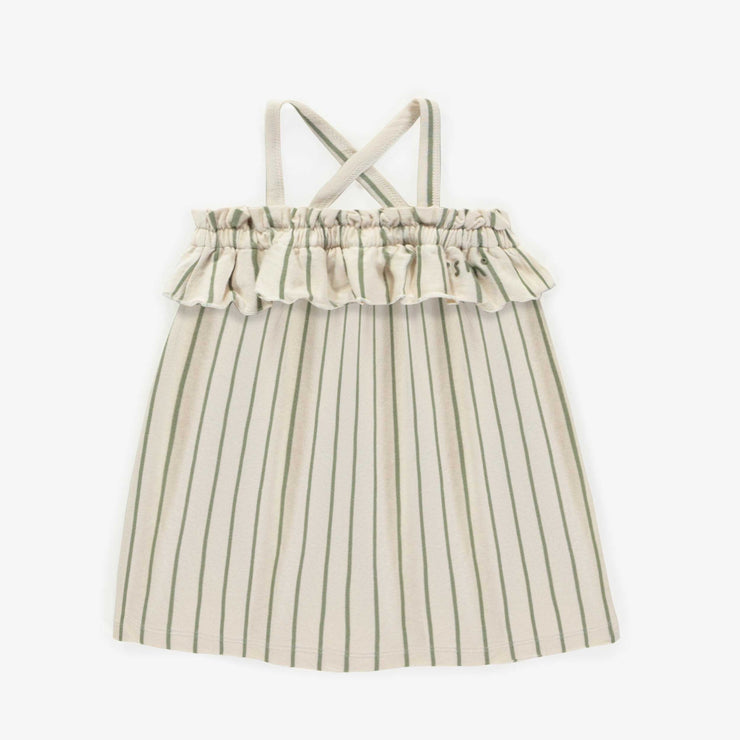 Robe crème ligné verte à bretelles minces en coton, bébé || Green striped cream dress with thin straps in cotton, baby