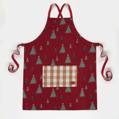 Tablier rouge à motifs festifs, adulte || Red apron with festive pattern, adult