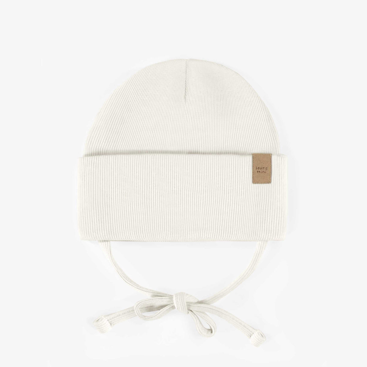 Cream outdoor hat with cords in ribbed knit, baby - Souris Mini ...