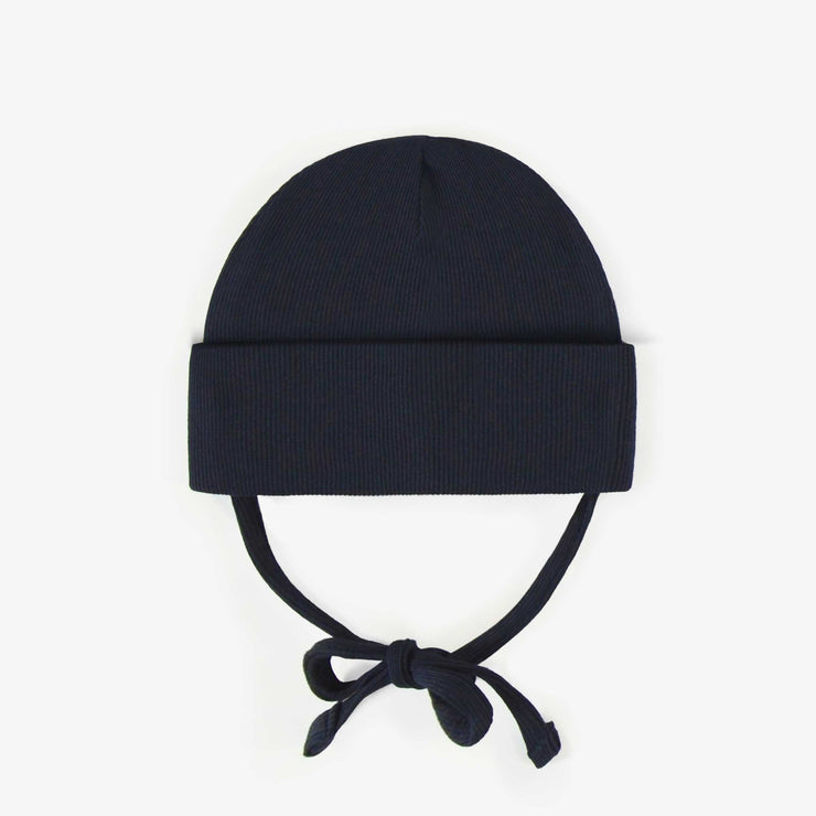 Chapeau marin d’extérieur avec cordons en tricot côtelé, bébé || Navy outdoor hat with cords in ribbed knit, baby