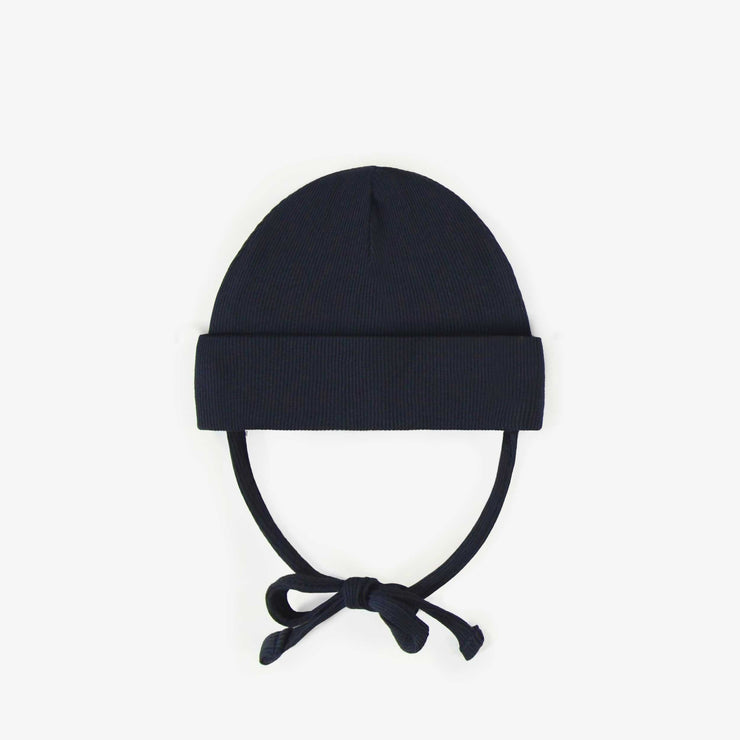 Chapeau marin d’extérieur avec cordons en tricot côtelé, naissance || Navy outdoor hat with cords in ribbed knit, newborn
